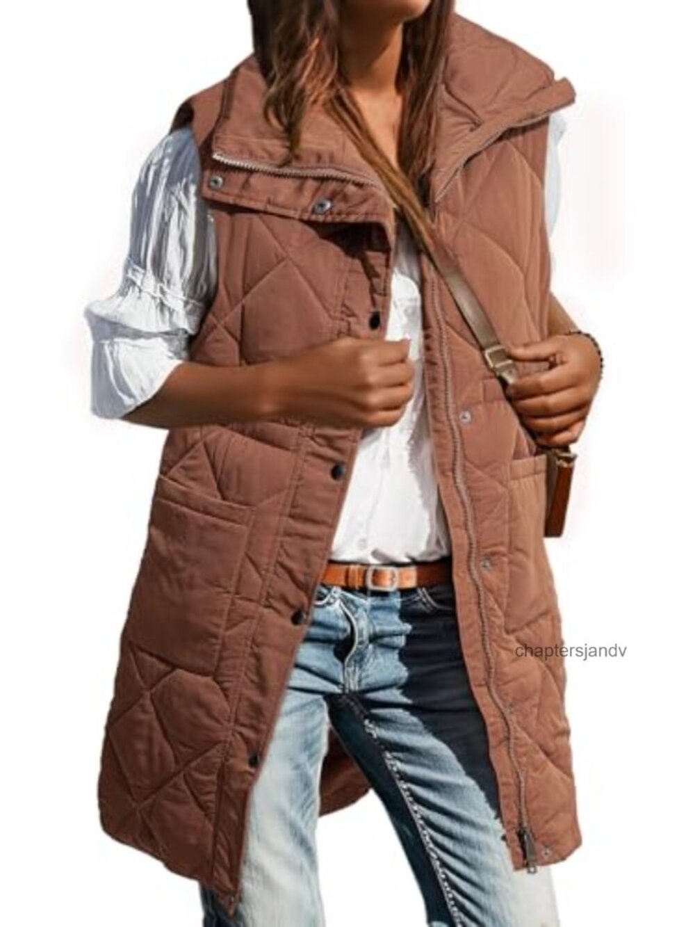 Women's Long Puffer Vest Stand Collar Sleeveless Quilted Coat with Pockets